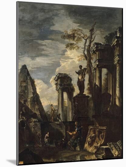 Ruines d'architecture antique avec la pyramide de Cestius et la statue de Flore.-Giovanni Paolo Pannini-Mounted Giclee Print