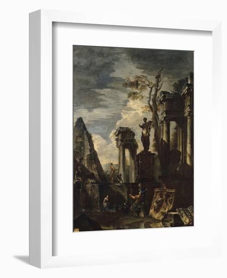 Ruines d'architecture antique avec la pyramide de Cestius et la statue de Flore.-Giovanni Paolo Pannini-Framed Giclee Print