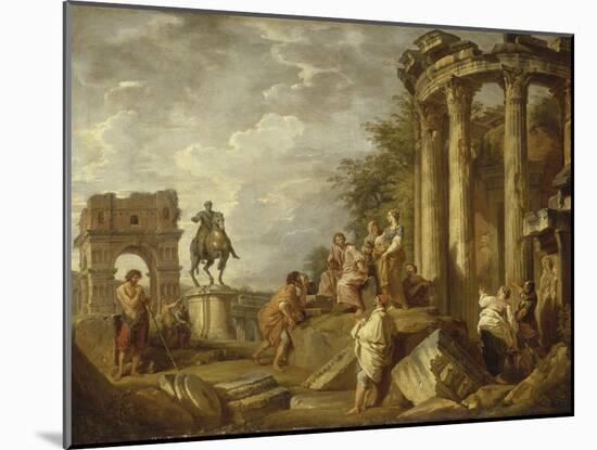 Ruines d'architecture avec l'Arc de Janus, le temple de Vesta, la statue équestre de Marc-Aurèle-Giovanni Paolo Pannini-Mounted Giclee Print