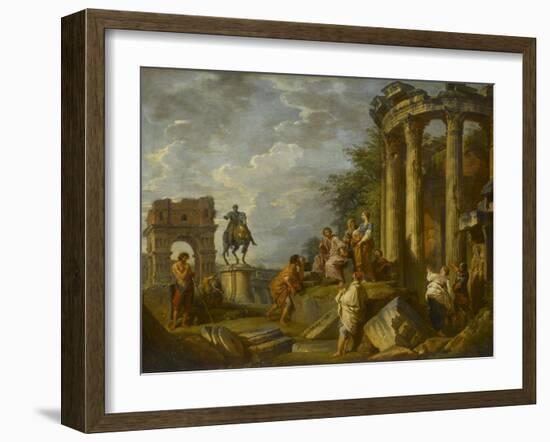 Ruines d'architecture avec l'Arc de Janus, le temple de Vesta, la statue équestre de Marc-Aurèle-Giovanni Paolo Pannini-Framed Giclee Print