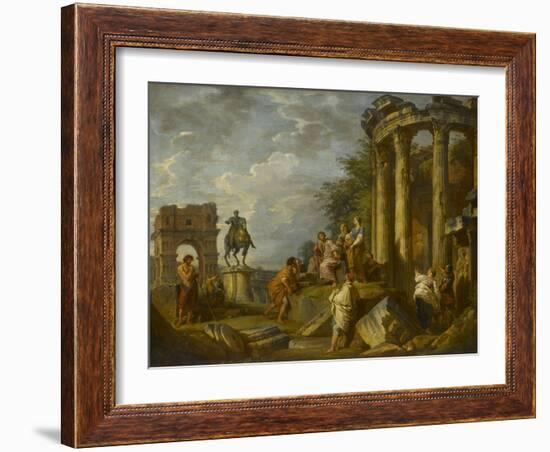 Ruines d'architecture avec l'Arc de Janus, le temple de Vesta, la statue équestre de Marc-Aurèle-Giovanni Paolo Pannini-Framed Giclee Print