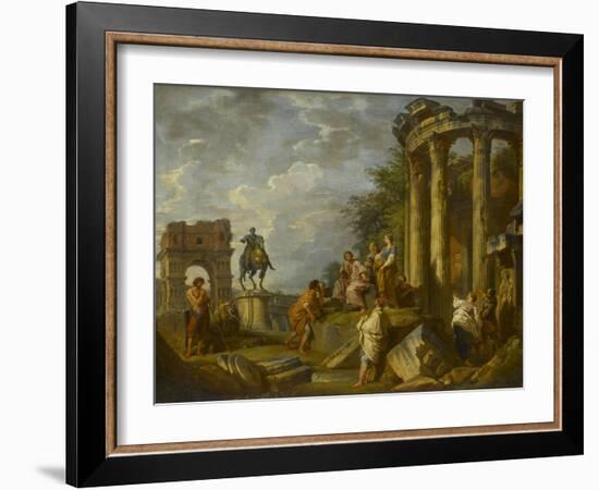 Ruines d'architecture avec l'Arc de Janus, le temple de Vesta, la statue équestre de Marc-Aurèle-Giovanni Paolo Pannini-Framed Giclee Print