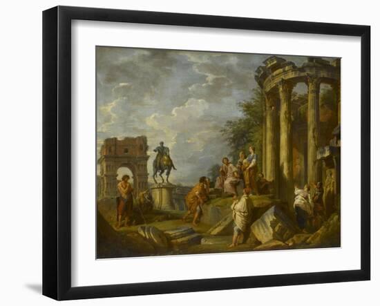 Ruines d'architecture avec l'Arc de Janus, le temple de Vesta, la statue équestre de Marc-Aurèle-Giovanni Paolo Pannini-Framed Giclee Print