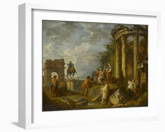 Ruines d'architecture avec l'Arc de Janus, le temple de Vesta, la statue équestre de Marc-Aurèle-Giovanni Paolo Pannini-Framed Giclee Print