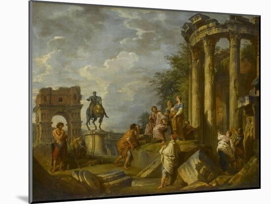 Ruines d'architecture avec l'Arc de Janus, le temple de Vesta, la statue équestre de Marc-Aurèle-Giovanni Paolo Pannini-Mounted Giclee Print