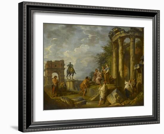 Ruines d'architecture avec l'Arc de Janus, le temple de Vesta, la statue équestre de Marc-Aurèle-Giovanni Paolo Pannini-Framed Giclee Print