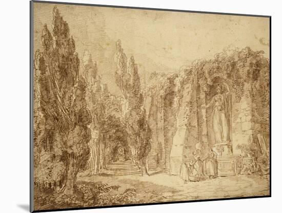 Ruines romaines dans un parc, fontaine ornée d'une statue colossale de Minerve-Hubert Robert-Mounted Giclee Print