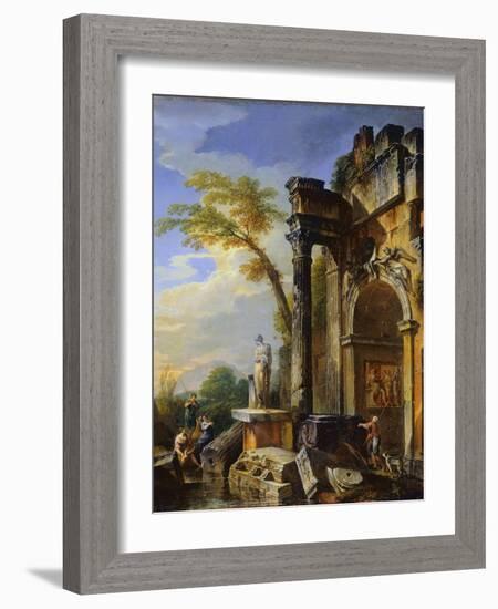 Ruins of a Triumphal Arch in the Roman Campagna, 1717/1719 (Oil on Canvas)-Giovanni Paolo Pannini or Panini-Framed Giclee Print