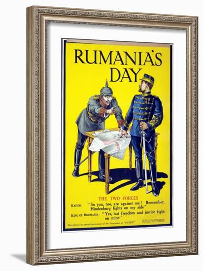 'Rumania's Day', Poster Showing the Kaiser and the King of Romania Arguing While Examining a Map,…-null-Framed Giclee Print