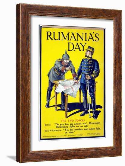 'Rumania's Day', Poster Showing the Kaiser and the King of Romania Arguing While Examining a Map,…-null-Framed Giclee Print