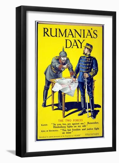 'Rumania's Day', Poster Showing the Kaiser and the King of Romania Arguing While Examining a Map,…-null-Framed Giclee Print