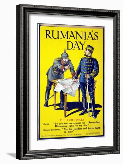 'Rumania's Day', Poster Showing the Kaiser and the King of Romania Arguing While Examining a Map,…-null-Framed Giclee Print