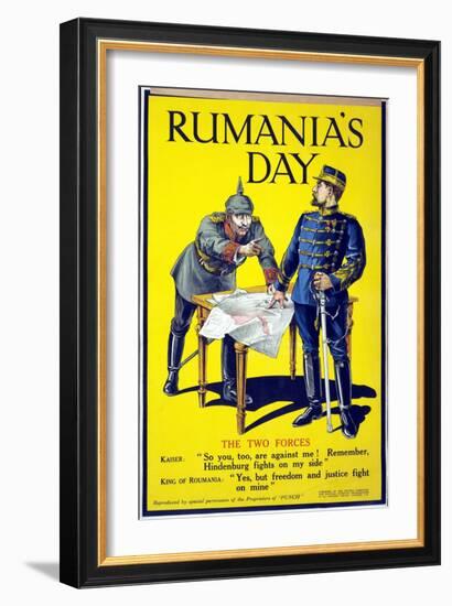 'Rumania's Day', Poster Showing the Kaiser and the King of Romania Arguing While Examining a Map,…-null-Framed Giclee Print