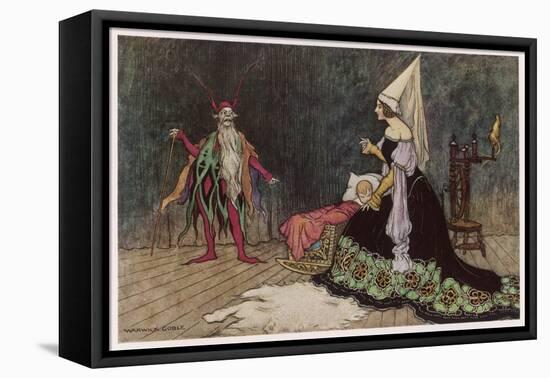 Rumpelstiltskin Visits the Baby He Hopes to Win-Warwick Goble-Framed Stretched Canvas