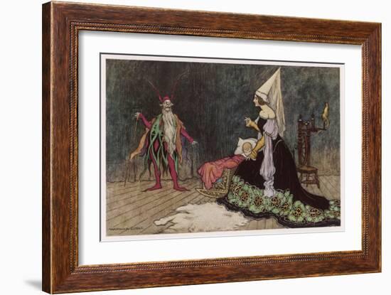 Rumpelstiltskin Visits the Baby He Hopes to Win-Warwick Goble-Framed Art Print