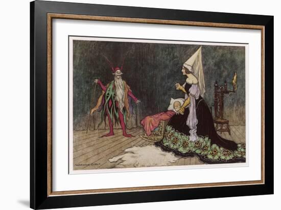 Rumpelstiltskin Visits the Baby He Hopes to Win-Warwick Goble-Framed Art Print