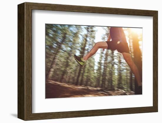 Runner Jumping on Trail Run in Forest for Marathon Fitness-warrengoldswain-Framed Photographic Print