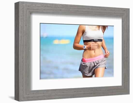 Runner Woman with Heart Rate Monitor Running on Beach with Watch and Sports Bra Top. Beautiful Fit-Maridav-Framed Photographic Print