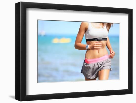 Runner Woman with Heart Rate Monitor Running on Beach with Watch and Sports Bra Top. Beautiful Fit-Maridav-Framed Photographic Print