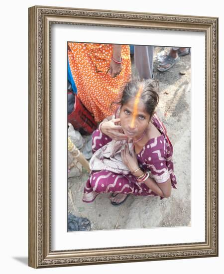 Rural Bihari Woman with Orange Vaishnavite Teeka on Forehead, Sonepur, Bihar, India-Annie Owen-Framed Photographic Print