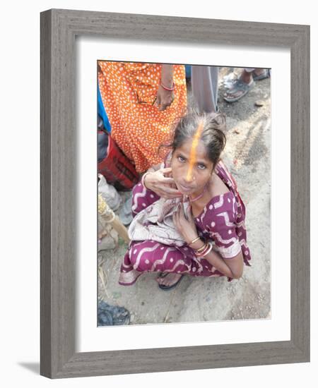 Rural Bihari Woman with Orange Vaishnavite Teeka on Forehead, Sonepur, Bihar, India-Annie Owen-Framed Photographic Print