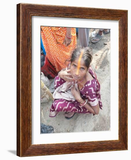 Rural Bihari Woman with Orange Vaishnavite Teeka on Forehead, Sonepur, Bihar, India-Annie Owen-Framed Photographic Print
