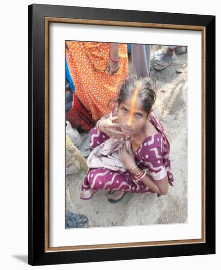 Rural Bihari Woman with Orange Vaishnavite Teeka on Forehead, Sonepur, Bihar, India-Annie Owen-Framed Photographic Print