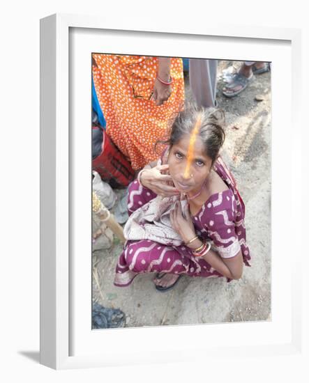 Rural Bihari Woman with Orange Vaishnavite Teeka on Forehead, Sonepur, Bihar, India-Annie Owen-Framed Photographic Print