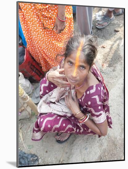 Rural Bihari Woman with Orange Vaishnavite Teeka on Forehead, Sonepur, Bihar, India-Annie Owen-Mounted Photographic Print