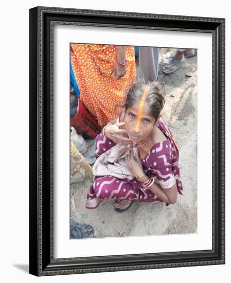 Rural Bihari Woman with Orange Vaishnavite Teeka on Forehead, Sonepur, Bihar, India-Annie Owen-Framed Photographic Print