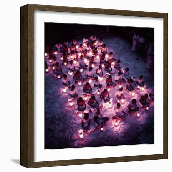 Rural Indian Villagers Learning by Lantern Light at a Government Subsidized Night School-Howard Sochurek-Framed Photographic Print