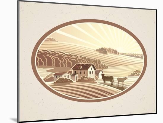 Rural Landscape in the Frame in Monochrome Color, a Graphic Design Element for the Create of the La-Rustic-Mounted Art Print