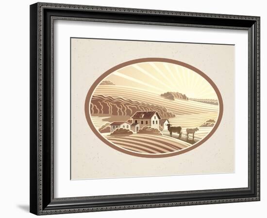 Rural Landscape in the Frame in Monochrome Color, a Graphic Design Element for the Create of the La-Rustic-Framed Art Print