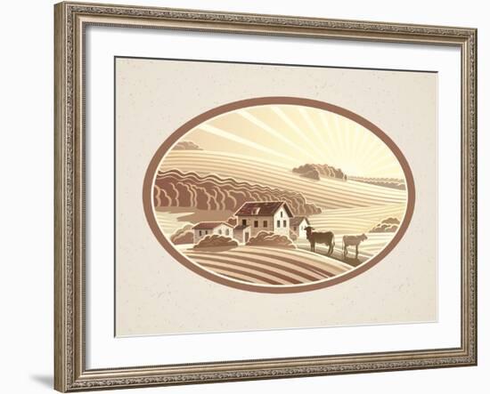 Rural Landscape in the Frame in Monochrome Color, a Graphic Design Element for the Create of the La-Rustic-Framed Art Print