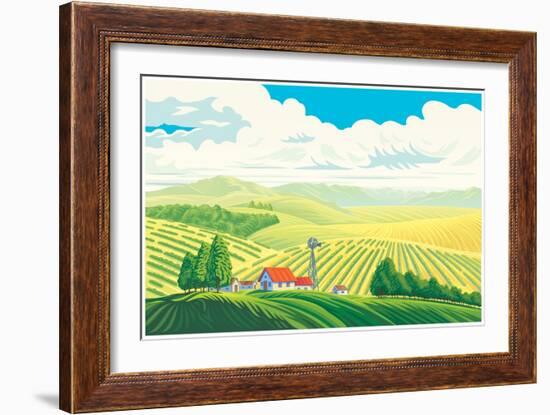 Rural Landscape with a Beautiful View of Distant Fields and Hills. Vector Illustration.-Rustic-Framed Art Print