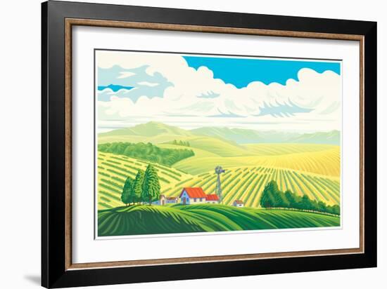 Rural Landscape with a Beautiful View of Distant Fields and Hills. Vector Illustration.-Rustic-Framed Art Print