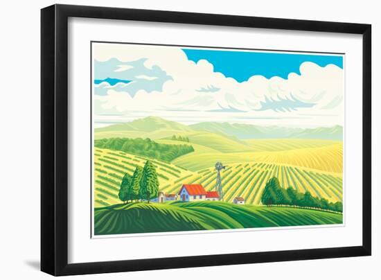 Rural Landscape with a Beautiful View of Distant Fields and Hills. Vector Illustration.-Rustic-Framed Art Print