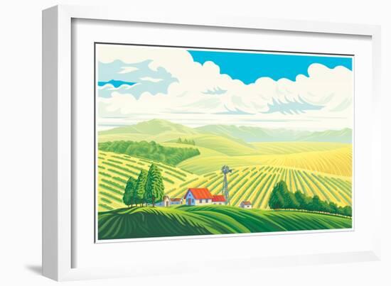 Rural Landscape with a Beautiful View of Distant Fields and Hills. Vector Illustration.-Rustic-Framed Art Print