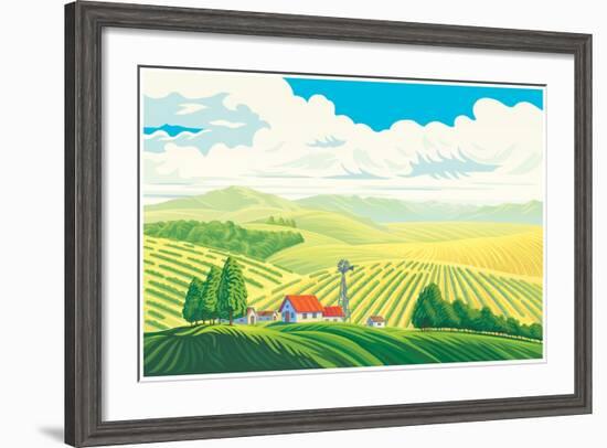 Rural Landscape with a Beautiful View of Distant Fields and Hills. Vector Illustration.-Rustic-Framed Art Print