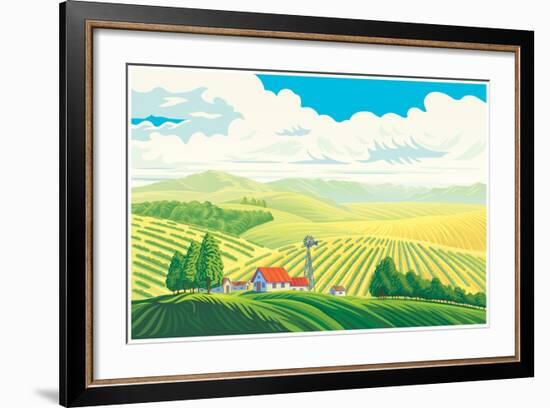 Rural Landscape with a Beautiful View of Distant Fields and Hills. Vector Illustration.-Rustic-Framed Art Print