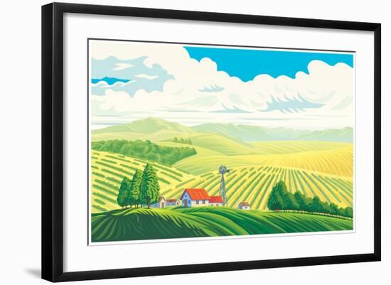 Rural Landscape with a Beautiful View of Distant Fields and Hills. Vector Illustration.-Rustic-Framed Art Print