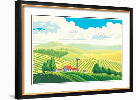 Rural Landscape with a Beautiful View of Distant Fields and Hills. Vector Illustration.-Rustic-Framed Art Print