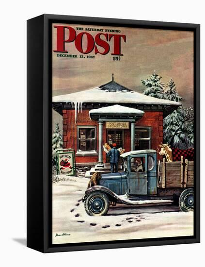 "Rural Post Office at Christmas," Saturday Evening Post Cover, December 13, 1947-Stevan Dohanos-Framed Premier Image Canvas