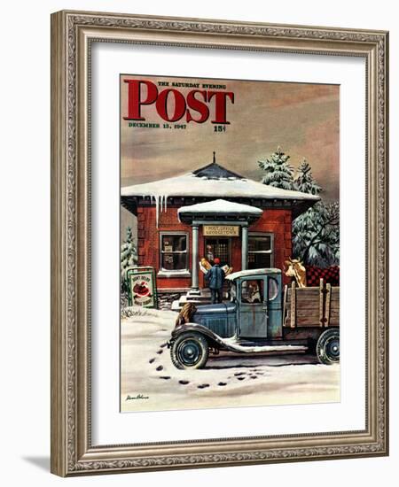 "Rural Post Office at Christmas," Saturday Evening Post Cover, December 13, 1947-Stevan Dohanos-Framed Premium Giclee Print