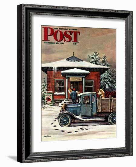 "Rural Post Office at Christmas," Saturday Evening Post Cover, December 13, 1947-Stevan Dohanos-Framed Premium Giclee Print