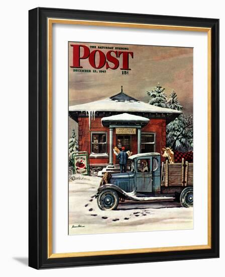 "Rural Post Office at Christmas," Saturday Evening Post Cover, December 13, 1947-Stevan Dohanos-Framed Premium Giclee Print