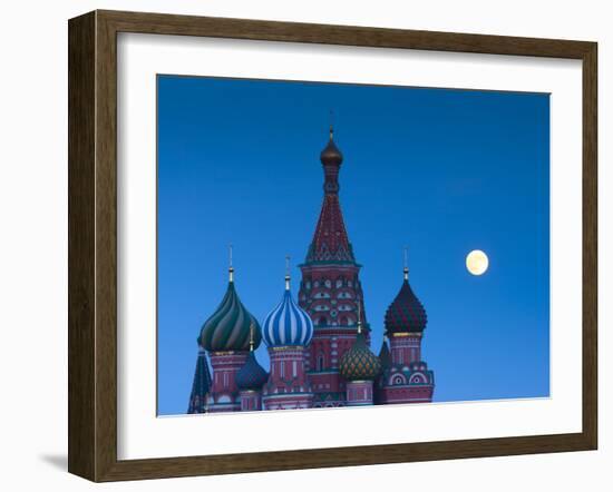 Russia, Moscow, Red Square, Kremlin, St. Basils Cathedral with Moonrise-Walter Bibikow-Framed Photographic Print