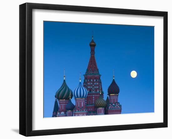 Russia, Moscow, Red Square, Kremlin, St. Basils Cathedral with Moonrise-Walter Bibikow-Framed Photographic Print