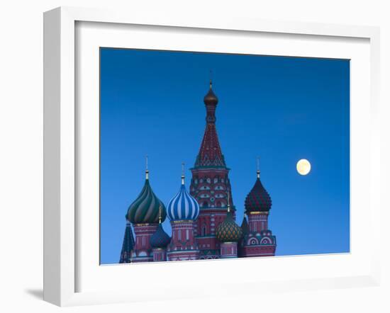 Russia, Moscow, Red Square, Kremlin, St. Basils Cathedral with Moonrise-Walter Bibikow-Framed Photographic Print