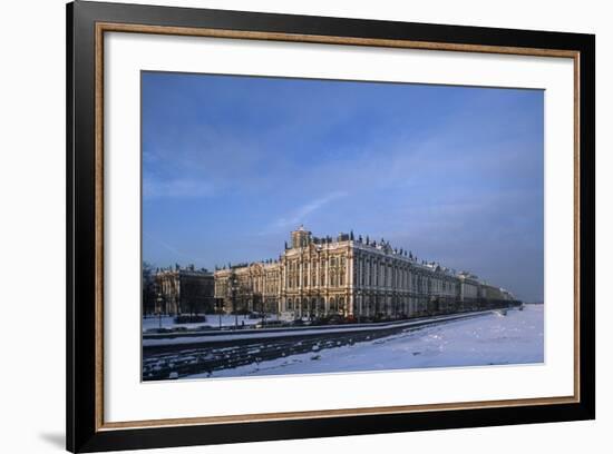 Russia, Saint Petersburg, Hermitage Museum and Ice Covered Neva River-null-Framed Giclee Print